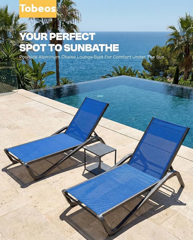 Outdoor Chaise Lounge Chair Set of 2 with Side Table, 5-Position Adjustable Patio Lounge Chair with Aluminum Frame, Textilene Fabric Pool Loung Chairs for Poolside,Deck, Backyard (Royal Blue)