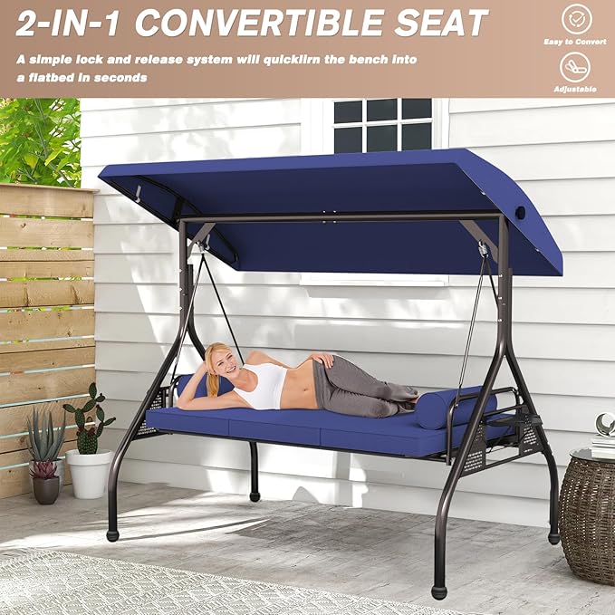 3 Seat Outdoor Porch Swing Bench, Adjustable Canopy Swing Chair - Photo 3