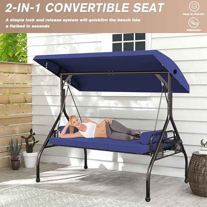 3 Seat Outdoor Porch Swing Bench, Adjustable Canopy Swing Chair, Convertible Backrest Swing Bed with Pillow & Cup Hold and Thicken Cushions, Dark Blue