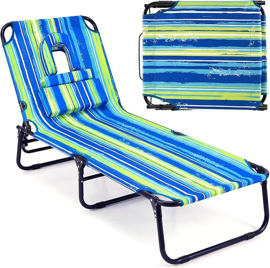 Tangkula Beach Lounge Chair, Folding Sunbathing Recliner with Face Hole, Face Down Tanning Chair with 4-Level Adjustable Backrest & 3 Removable Pillows, Chaise Lounge Chair for Patio (1, Stripe)