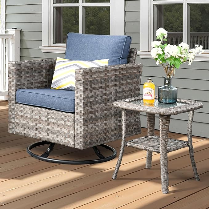 ovios Outdoor Side Table with Tempered Glass Top, Patio Wicker Rattan Bistro Coffee Tables with 2 Tiers Storage for Porch Deck Balcony Garden Poolside, Light Grey