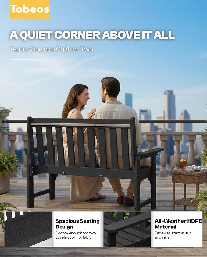 2-Person Outdoor Garden Bench, HDPE All-Weather Patio Bench with Backrest & Armrests, Heavy Duty Outdoor Seating for Porch, Backyard & Park, 660 lbs (Black, 2 Benches)