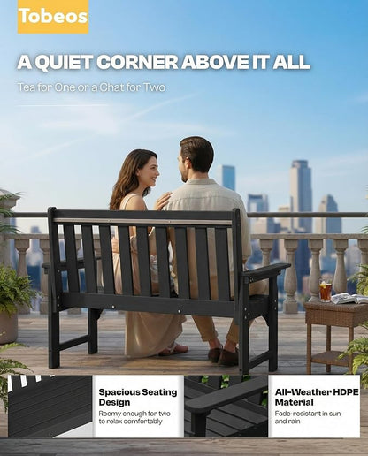 2-Person Outdoor Garden Bench, HDPE All-Weather Patio Bench with Backrest & Armrests, Heavy Duty Outdoor Seating for Porch, Backyard & Park, 660 lbs (Black, 1 Bench)