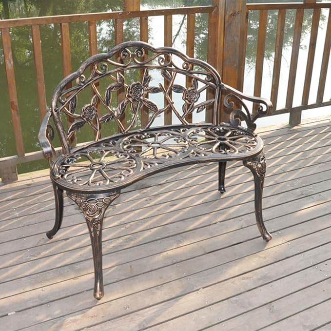 38.5” Outdoor Porch Bench with Hollow Rose Design,Elegant Garden Bench Park Bench for Backyard,Iron Bench with Arms,Bronze