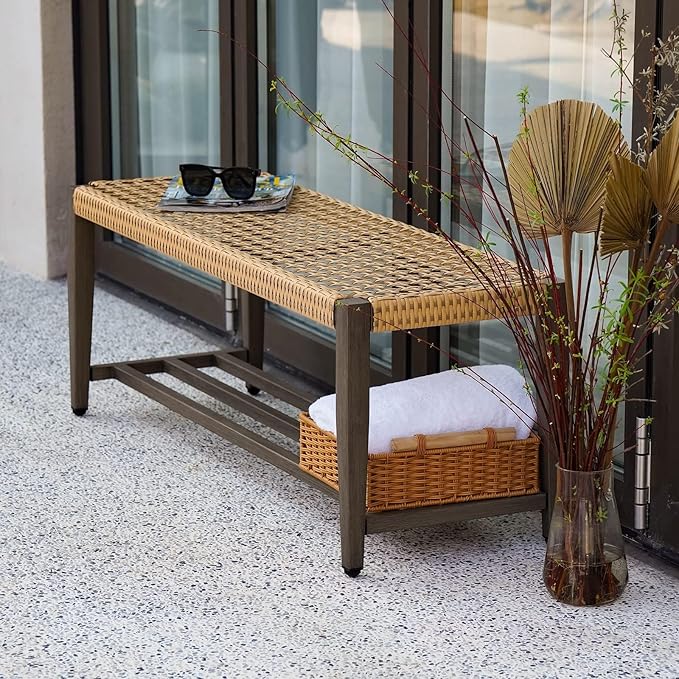 Grand patio Outdoor Wicker Bench with Storage 2-Seat Patio Bench for Garden Porch Living Room Bedroom - Photo 4