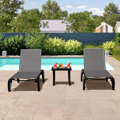 Domi Patio Lounge Chairs Set of 3, Aluminum Pool Chaise Lounge with Side Table,5 Position Adjustable Backrest and Wheels, Lounge Chairs for Pool, Garden, Beach, Backyard, Dark Grey