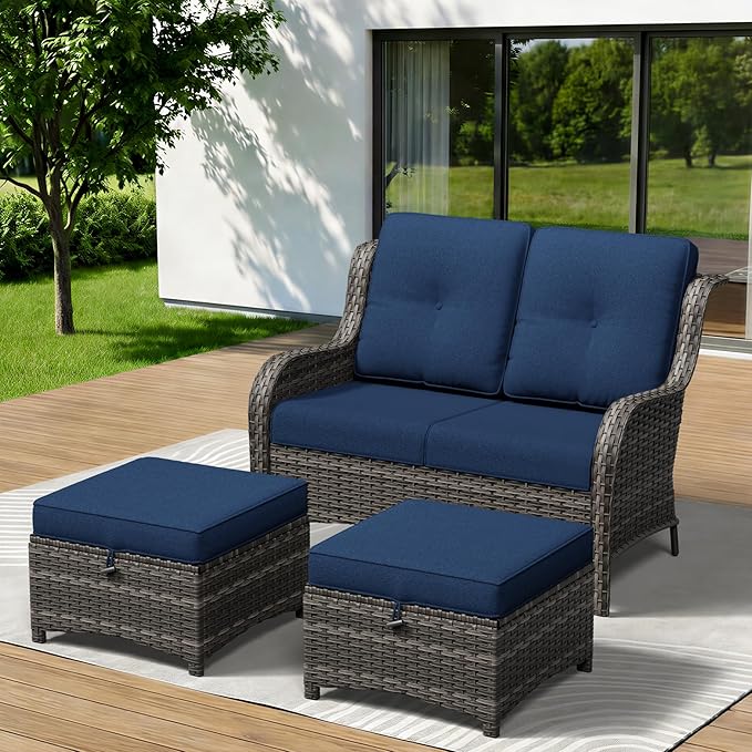 3-Piece Outdoor Couch Set, 1 Wicker Patio Loveseat with Thickened Olefin Cushions, High Back and Deep Seating - Photo 2