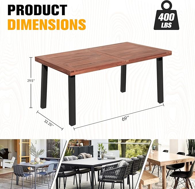 Flamaker Dining Table for 6 FSC Acacia Wood Indoor Outdoor Home Kitchen Table with Iron Legs Large Rectangular Patio - Photo 2