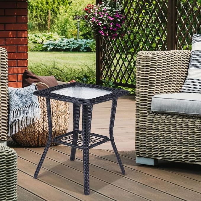Patio Wicker Side Table, Outdoor PE Rattan End Table with Tempered Glass Top and 2-Tier Storage Shelf - Photo 1
