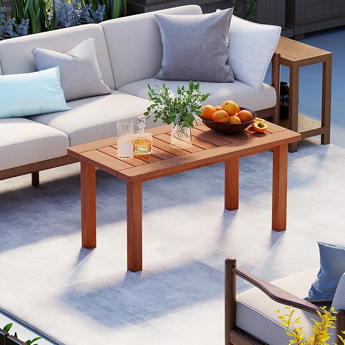 HAPPYGRILL Outdoor Wooden Coffee Table Patio Solid Wood Center Table with Slatted Tabletop - Photo 2
