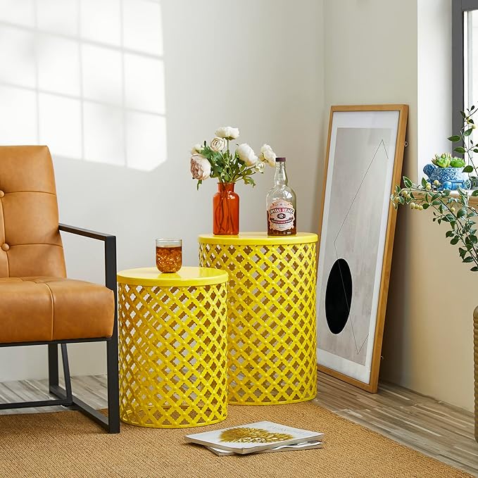 Glitzhome Outdoor Side Table Set of 2, Decorative Garden Stool for Patio Heavy Duty Metal Frame Accent Table Modern End Table, Yellow