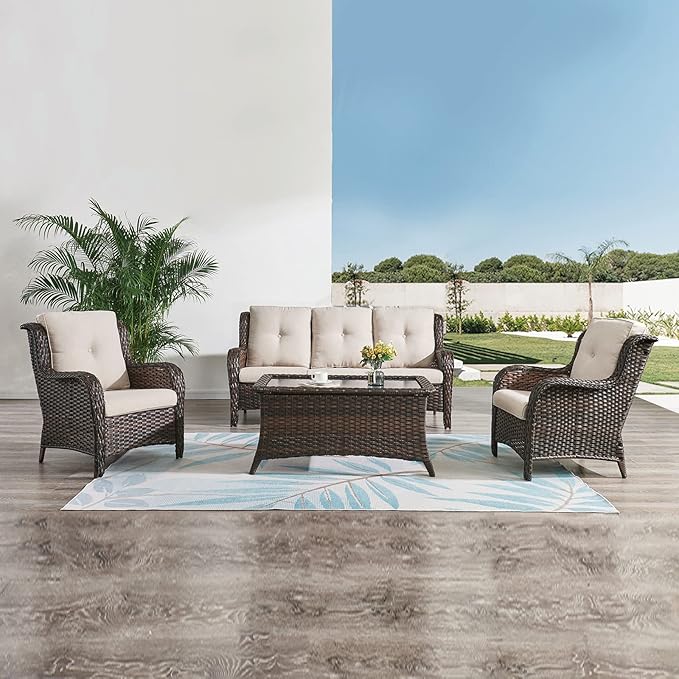 HUMMUH Outdoor Furniture 4 Pieces Patio Furniture Set Wicker Outdoor Sectional Sofa with 2 Patio Chairs - Photo 9
