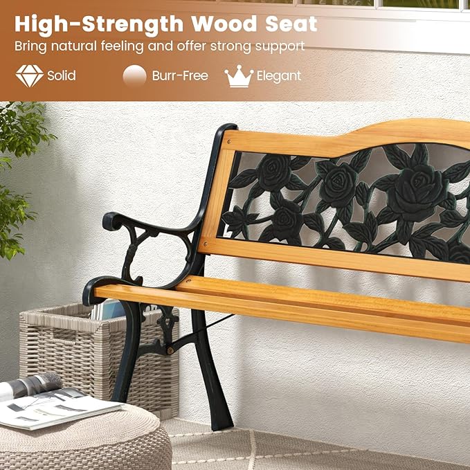 Tangkula Outdoor Garden Bench Park Bench, Patio Furniture Bench Chair with Cast Iron & Hardwood Structure - Photo 5