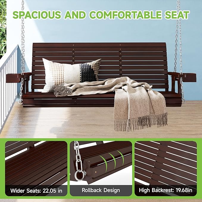 Real Relax Front Porch Swing, Wooden 3 Person Outdoor Hanging Patio Swing Chair with Cup Holders - Photo 3
