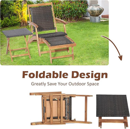 Tangkula Patio Lounge Chair and Side Table Set, Acacia Wood Wicker Folding Table and Armrest Chair with Retractable Ottoman, Outdoor Chaise Lounger for Garden, Backyard, Poolside, Balcony