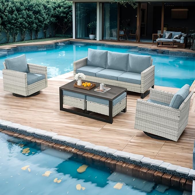 Wicker Outdoor Patio Furniture Set - 6 Piece Patio Conversation Set with 2 Swivel Rocker Chairs, 2 Rattan Ottoman - Photo 6