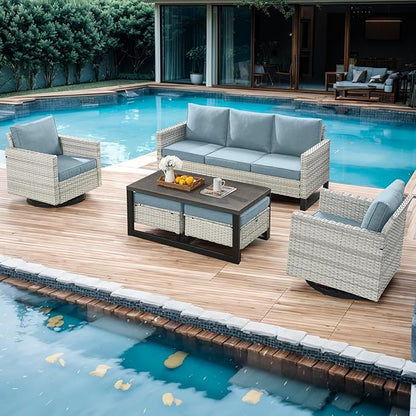 Wicker Outdoor Patio Furniture Set - 6 Piece Patio Conversation Set with 2 Swivel Rocker Chairs,2 Rattan Ottoman,1 Couch and 1 Metal Coffee Table for Outside Porch Deck Backyard(Light Grey/Sky Blue)
