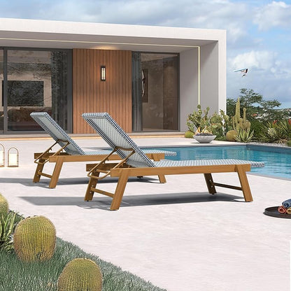 PURPLE LEAF Extra Large Patio Chaise Lounge 2 Pieces French Outdoor Wicker Lounger Matte Teak Aluminum Frame 771LBS Capacity PE Rattan Adjustable Backrest for Pool Garden Beach Backyard Navy