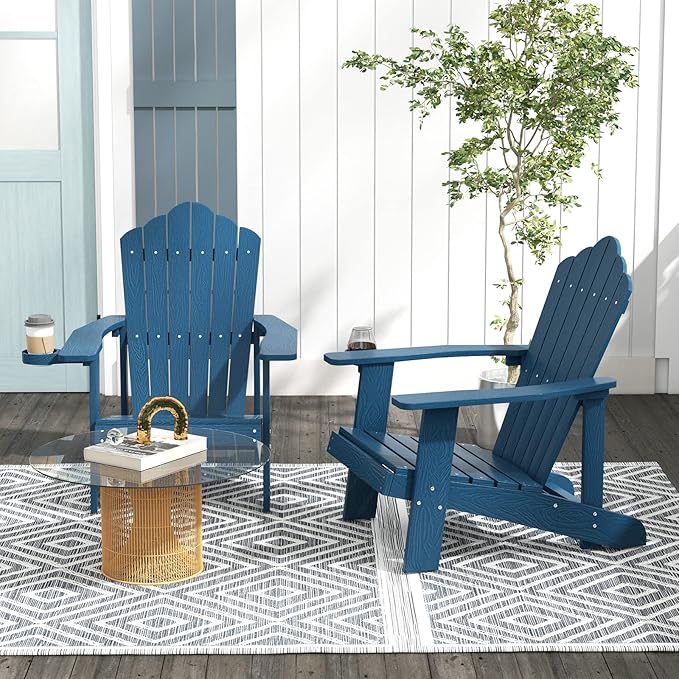 Tangkula Oversized Adirondack Chair, Patio Lounge Chairs w/Adjustable Cup Holder, HIPS Armchairs Slatted Chair, Outdoor Weather Resistant Fire Pit Chair for Deck Backyard Garden Porch (1, Navy)