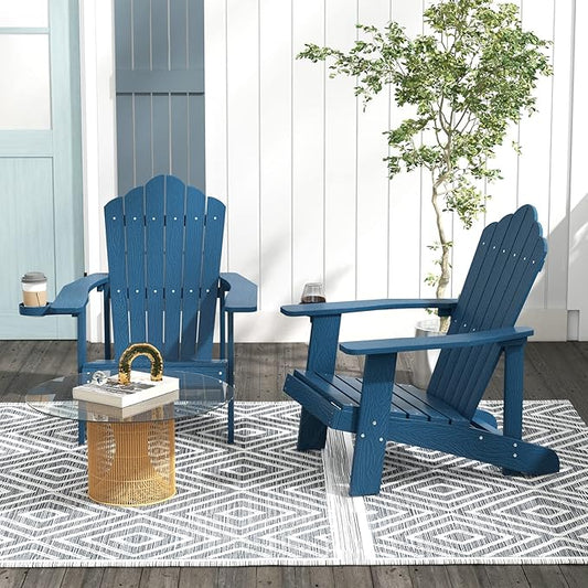 Tangkula Oversized Adirondack Chair, Patio Lounge Chairs w/Adjustable Cup Holder, HIPS Armchairs Slatted Chair, Outdoor Weather Resistant Fire Pit Chair for Deck Backyard Garden Porch (1, Navy)