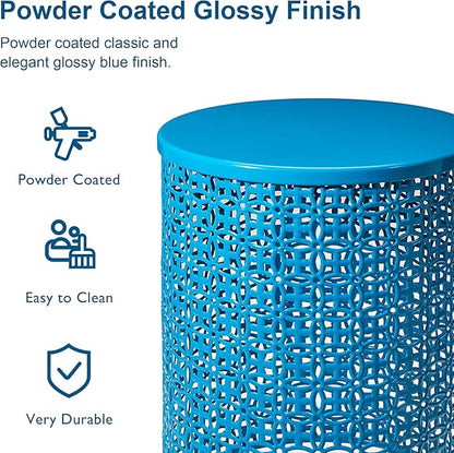 Glitzhome Outdoor Side Table Set of 2, Decorative Garden Stool for Patio Heavy Duty Metal Frame Accent Table Modern End Table, Glossy Blue