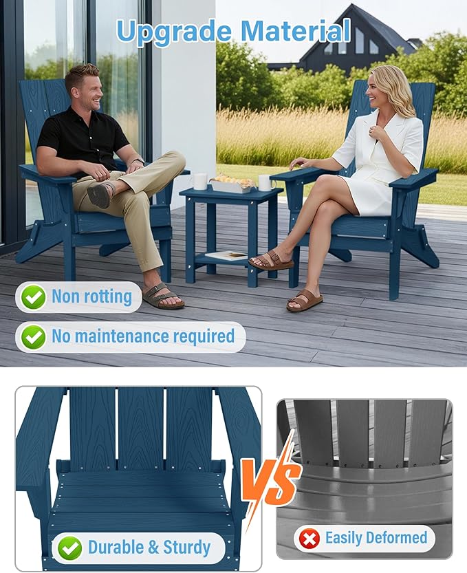 YEFU Adirondack Chairs Set of 2:Oversize Folding - 400lb Weight Capacity - Plastic Adirondack Chairs - High Back Like Wooden - All-Weather Use for Outdoor/Patio/Fire Pit/Garden/Camping - (Navy)