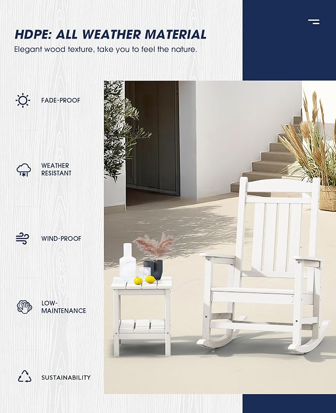 KINGYES Oversized Patio Rocking Chair Set of 2, HDPE Outdoor Rocking Chairs with 330lbs Support for Adults, White