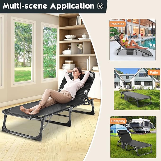 MOPHOTO Folding Chaise Lounge Chair 5-Position, Folding Cot, Heavy Duty Patio Chaise Lounges for Outside, Poolside - Photo 7