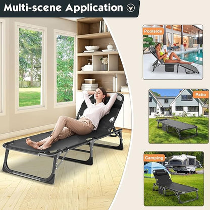 MOPHOTO Folding Chaise Lounge Chair 5-Position, Folding Cot, Heavy Duty Patio Chaise Lounges for Outside, Poolside, Beach, Lawn, Camping (Lounge Cot, Silver Azure)