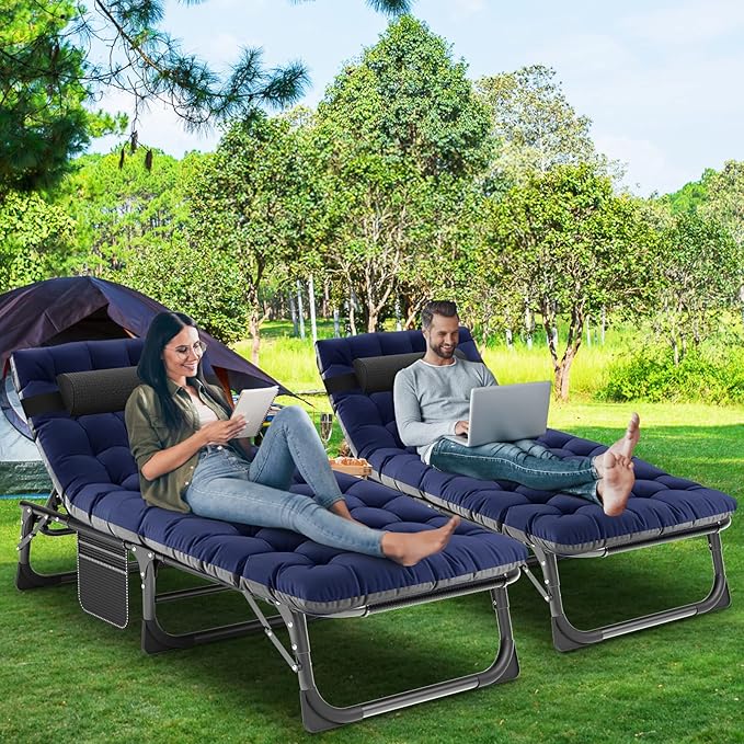 LILYPELLE Folding Outside Chaise Lounge Chair with Mattress, 5 Position Adjustable Patio Reclining Chairs Perfect for Outside, Sunbathing, Camping, Pool, Beach, Cozy Blue