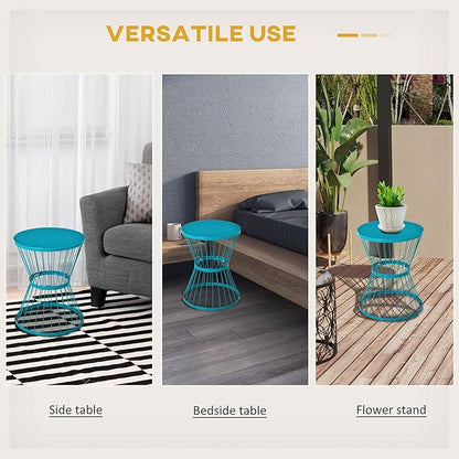 Outsunny 16" Steel Patio Side Table, Garden End Table with Hourglass Design, Accent Table for Outdoor and Indoor Use, Blue