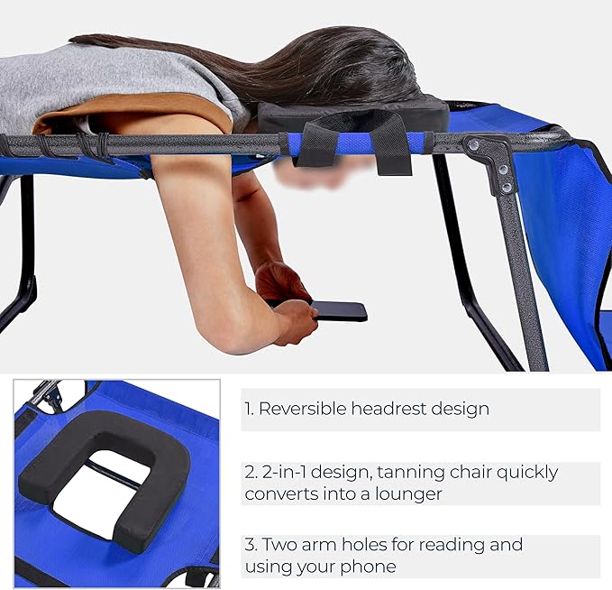 Yaheetech 22.4" Tanning Chair with Face Hole, Adjustable 5-Position Folding Chaise Lounge Chairs, Outdoor Lounge Chairs for Lawn, Beach, Sunbathing, Blue