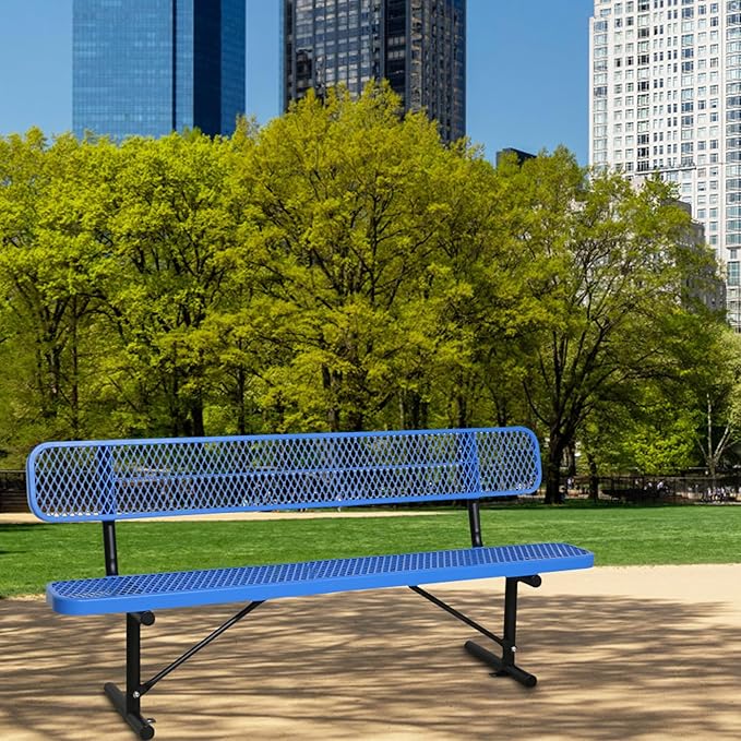 4/6/8 Feet Park Bench for Outside Heavy Duty Metal, Garden Benches Outdoor Bench with Backrest & Portable Frame, for Shopping Malls Stores Parks Patios Decks, Blue