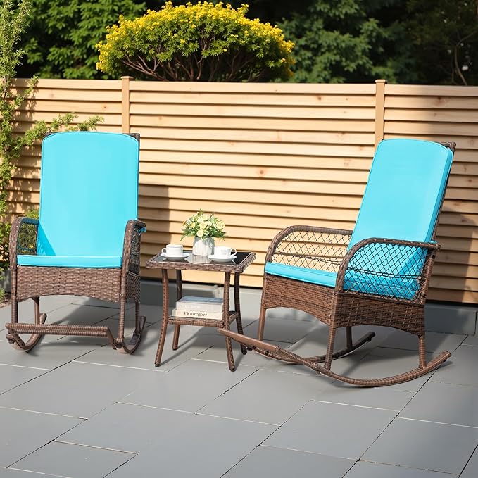 Greesum 3 Piece Outdoor Wicker Rocking Chairs Patio Furniture Set with Glass Coffee Table for Garden Backyard Porch Poolside, Blue