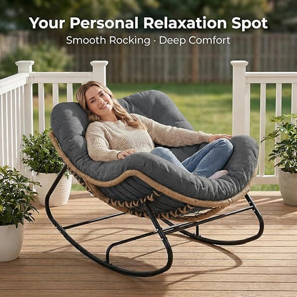 SWITTE Outdoor Rocking Chair, Oversized Patio Papasan Rocker, Comfy Wicker Reading Lounge, Indoor Egg Chair for Bedroom, Living Room, Porch, Garden, Lawn-Dark Grey