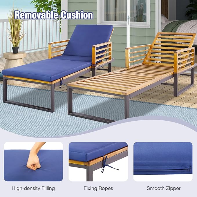 Tangkula Acacia Wood Patio Lounge Chair, Heavy Duty Outdoor Chaise Recliner with with 4 Level Adjustable Backrest, Foam-Padded Cushion, 800 lbs Weight Capacity, for Poolside, Garden, Deck (1, Navy)
