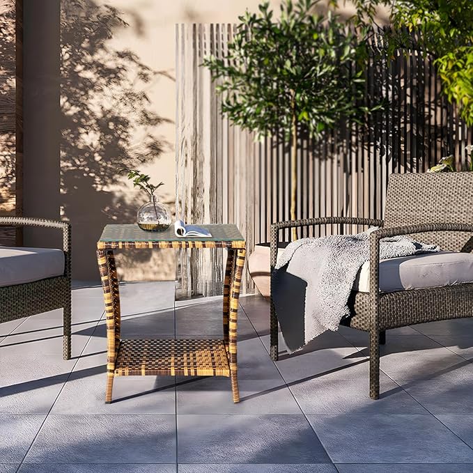 Outdoor PE Wicker Side Table with Storage, Patio Rattan End Table Square Glass Top Table for Furniture Gardening Tools - Photo 8