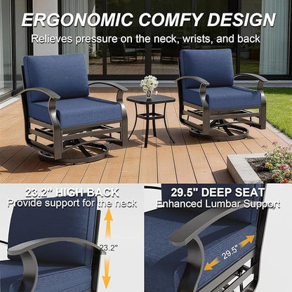 Gotland 3 Piece Patio Set, Metal Outdoor Swivel Chairs Set of 2 with 5.1’’ High-Resilience Seat Cushions Tempered Glass Coffee Table Removable Cushions for Backyard, Lawn, Porch, Navy