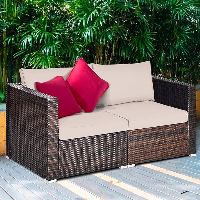 Tangkula Wicker Loveseat 2 Piece, Patio Furniture Couch with Removable Cushions, Rattan Loveseat Sofa for Balcony, Deck - Photo 4