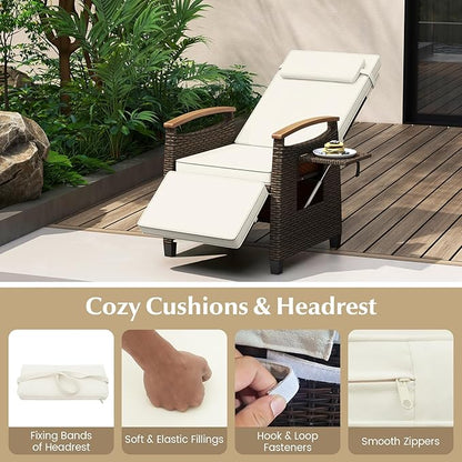 Tangkula Patio Wicker Recliner Chair, Rattan Lounge Chair w/Adjustable Backrest & Footrest, Flip Side Table, Push Back Reclining Seat w/Cushion for Backyard, Porch, Lawn (2, Off White)