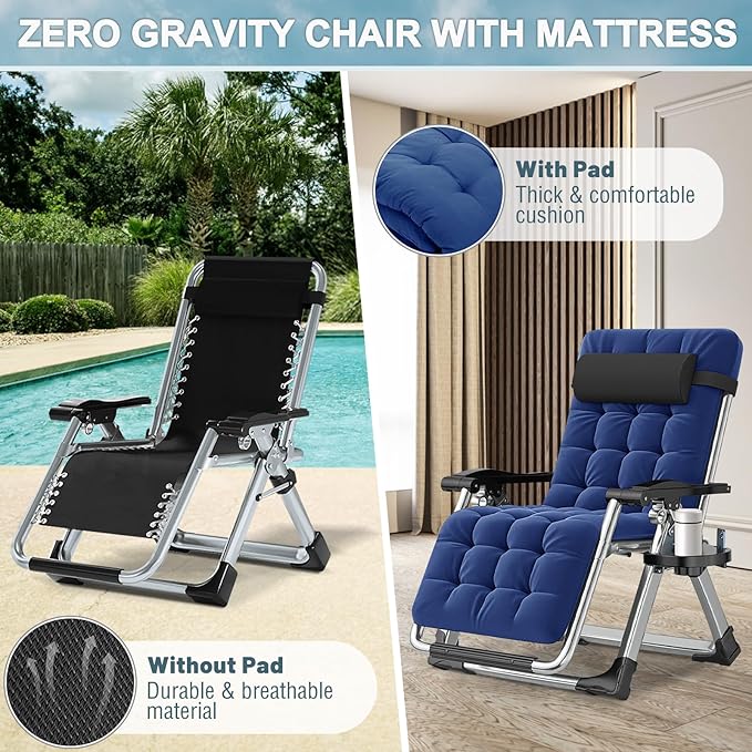 ABORON 2 Pack Zero Gravity Chair, Outdoor Lounge Chairs Sun Loungers with Removable Cushion,Headrest,Cup Holder,Reclining Patio Lounger Chair for Indoor and Outdoor