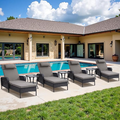 Belord 3 Piece Outdoor Chaise Lounge Patio Recliner - 75 Inch Adjustable Wicker Chaise Lounge with Soft Pillow Removable Cushions, All Weather Rattan Pool Lounge Chair Set 2 Poolside Brown/Grey
