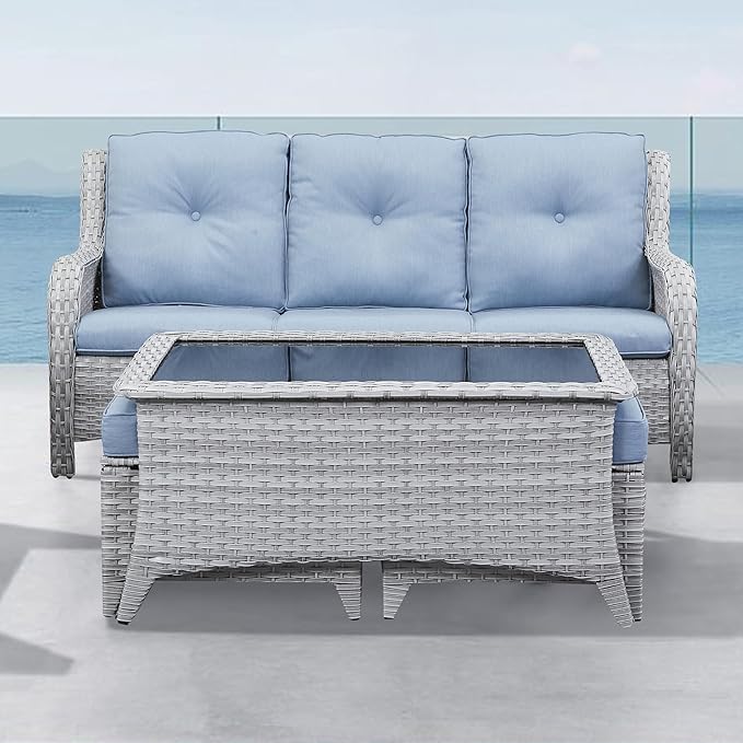 Belord Outdoor Coffee Table with Tempered Glass Top, Patio Rectangular Light Grey Wicker Table, Handwoven Rattan Coffee Table Compatible with Patio Furniture Sets for Porch Deck Backyard