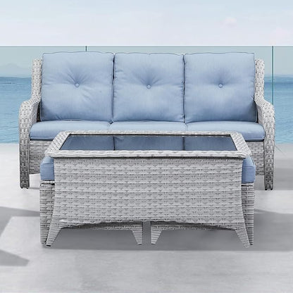 Belord Outdoor Coffee Table with Tempered Glass Top, Patio Rectangular Light Grey Wicker Table, Handwoven Rattan Coffee Table Compatible with Patio Furniture Sets for Porch Deck Backyard
