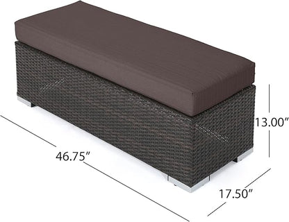 Christopher Knight Home Kiin Durable Resin Wicker Outdoor Bench with Comfy Removable Cushion, Rectangular Garden Bench with Iron Frame, Long Extra Seating for Poolside/Patio/Balcony, Brown