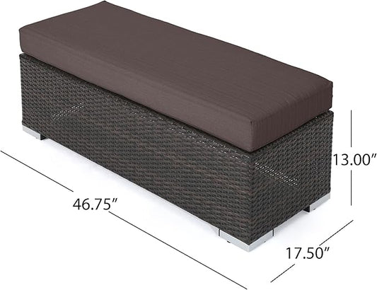 Christopher Knight Home Kiin Durable Resin Wicker Outdoor Bench with Comfy Removable Cushion, Rectangular Garden Bench with Iron Frame, Long Extra Seating for Poolside/Patio/Balcony, Brown