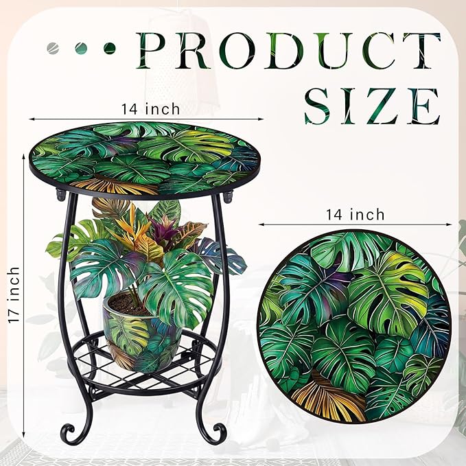 Outdoor Side Table Round Small Mosaic Patio Accent Indoor End Plant Coffee Tea Table for Yard Patio Porch Garden Living Room, Bedroom (Monster Leaf Style,14 Inch)