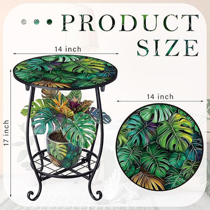 Outdoor Side Table Round Small Mosaic Patio Accent Indoor End Plant Coffee Tea Table for Yard Patio Porch Garden Living Room, Bedroom (Monster Leaf Style,14 Inch)