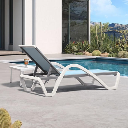PURPLE LEAF Patio Chaise Lounge Chair Set Outside Aluminum Plastic Stackable Tanning Chairs with Armrests and Side Table for Pool Sunbathing Beach Deck Outdoor Lounger, Light Blue