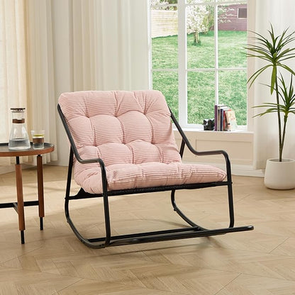 Pink Rocking Chair with Foot Rest, Outdoor Indoor Rocking Lounge Chair with Cushion, Comfortable Patio Rocker Chairs for Patio, Porch, Garden, Living Room, Reading, Metal Frame